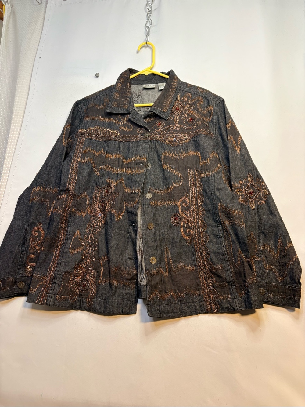 Womens Chicos Embroidered Dark Denim Jacket - Brown Accents size 16